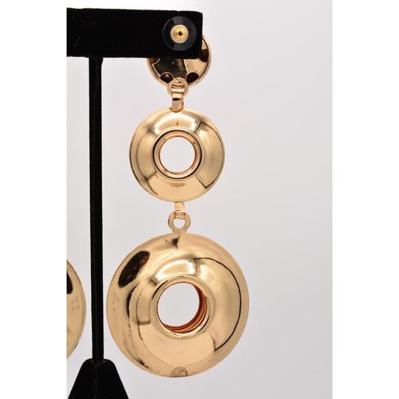 Vintage Chunky Dangle Earrings Shiny Gold Tone Puffy Metal Bold Long 1990s BinZ - Picture 9 of 12